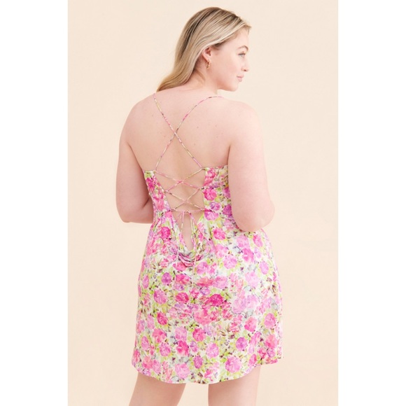 New For Love and Lemons Paulina pink and green floral lace up mini dress XL - Picture 3 of 9